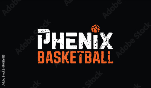 Bold distressed white and orange text with a basketball graphic symbolizing sports competition and active lifestyle ideal for team branding and athletic event promotion