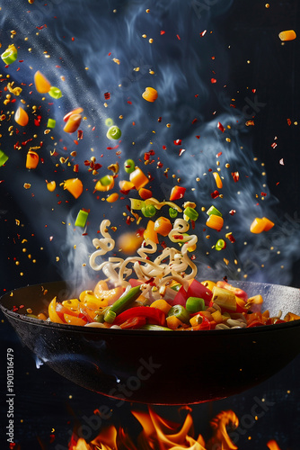 Wok with noodles and vegetables cooking over open flame