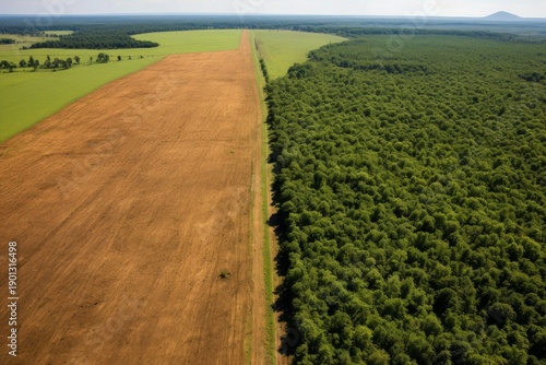 Wallpaper Mural Aerial view showing a wide agricultural field bordering a dense green forest under a clear sky Torontodigital.ca