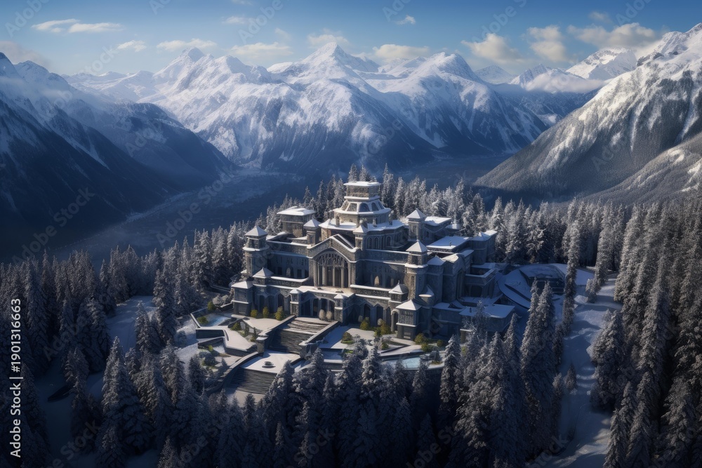 Obraz premium Castle fortress standing in winter forest with snow capped mountains