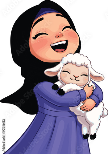 Cute Cartoon Illustration of a Happy Young Muslim Girl in a Black Hijab and Purple Dress Smiling while Hugging a Fluffy White Lamb for Eid al-Adha Celebration