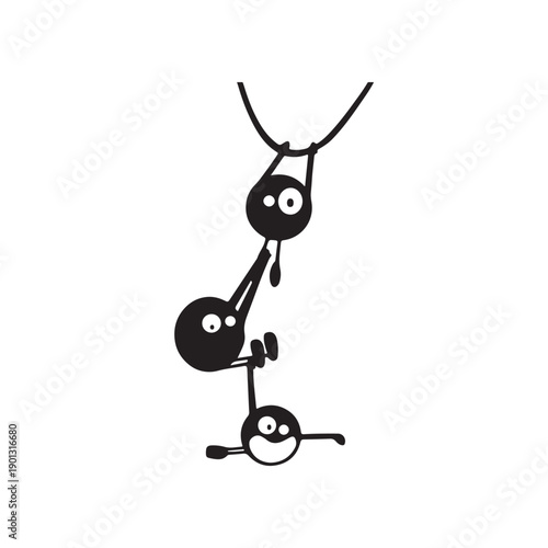 Three Black and White Characters Hanging from a Rope