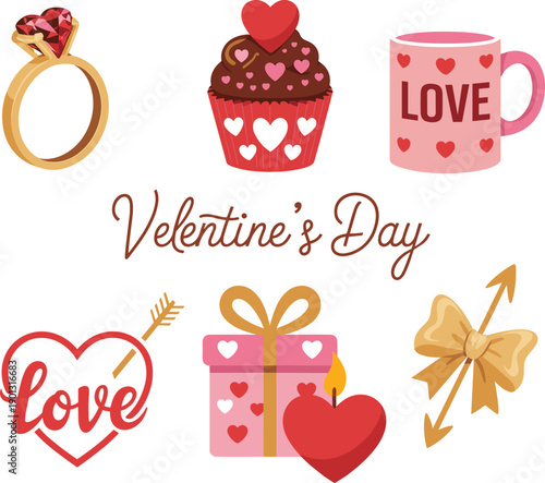 Valentine’s Day illustration, romantic love elements, heart cupcake mug gift ring arrow, cute cartoon vector art, adorable design, sweet holiday celebration