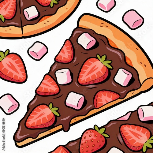 Sweet Strawberry Chocolate Pizza Slices with Marshmallows, Dessert Illustration