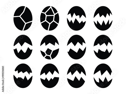 A collection of black and white cracked egg icons on a plain background