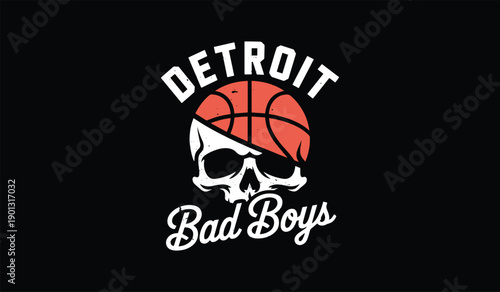 Dynamic graphic design featuring a stylized skull merging with a basketball symbolizing athletic intensity and urban sports culture set against a stark black background with bold