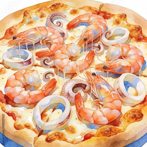 Watercolor Seafood Pizza with Shrimp, Calamari, and Octopus