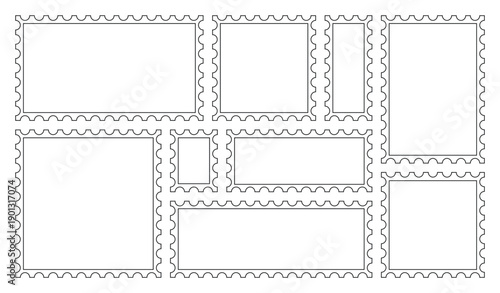 Postage stamp set. Mockup postage stamps. Blank postage stamps. Post stamp frame and border. Zigzag edge and scallop edge. Rectangle shape with zigzag edges. 