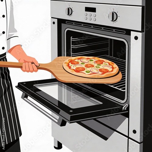 Chef Baking Pizza in an Oven, Culinary Process Illustration