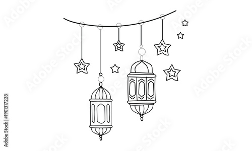 Intricate lanterns and stars hanging from a curved wire in a minimalist line drawing isolated on white background, Vector