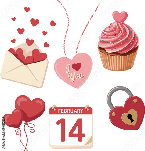 Valentine's day vector set with love letter, cupcake, calendar, balloons, lock, and heart tag, isolated on white background for greeting card design