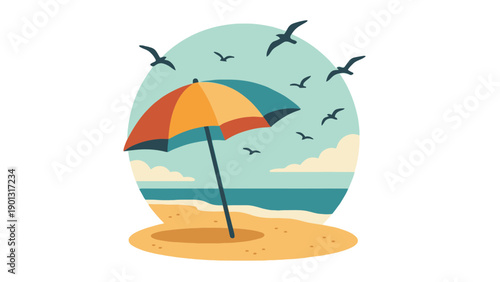 Colorful beach umbrella on sandy shore with seagulls flying overhead ocean view