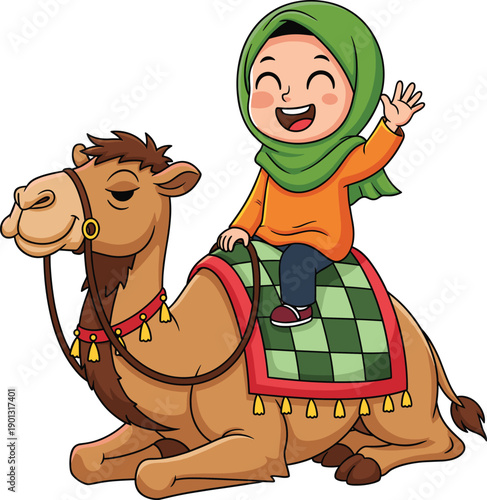  Cute Cartoon Illustration of a Happy Muslim Girl in Hijab Riding and Waving from a Sitting Camel for Desert Travel 