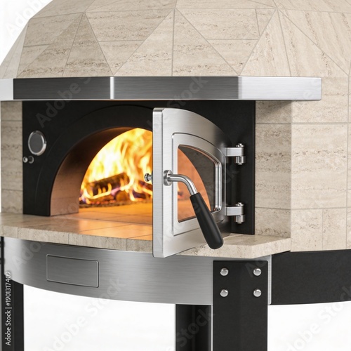 Wood fired Pizza Oven with Open Door and Flames