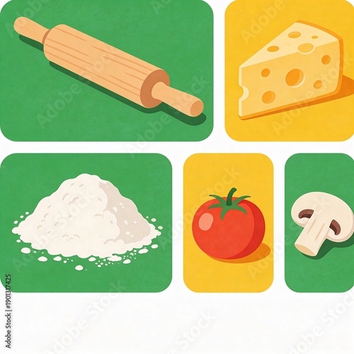 Pizza Ingredients Illustration Rolling Pin, Cheese, Flour, Tomato, Mushroom