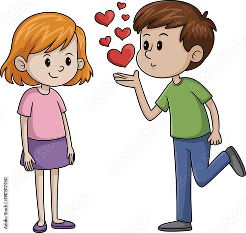 Cute cartoon boy blowing a kiss with red hearts to a smiling girl, young childhood love and innocent romance concept, vector illustration isolated on white background