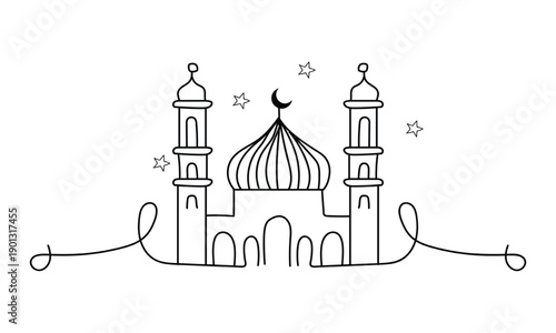 Intricate line drawing of a mosque with two minarets and a crescent moon isolated on white background, Vector