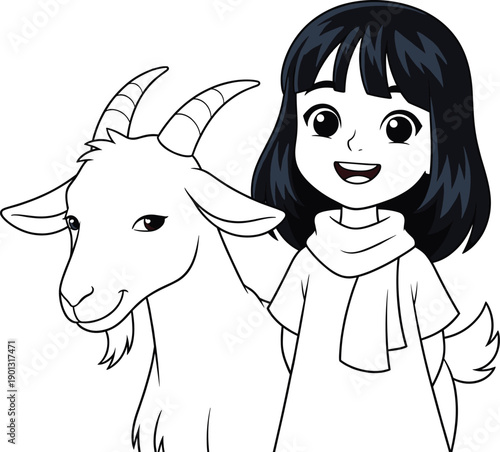 Line Art Drawing of a Young Girl Standing with a Goat for Eid al-Adha Celebration