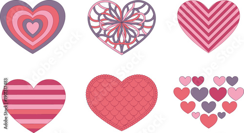 Valentine’s Day illustration, decorative patterned hearts, concentric lace chevron stripe scalloped designs, romantic love theme, cute cartoon vector art, adorable holiday decoration