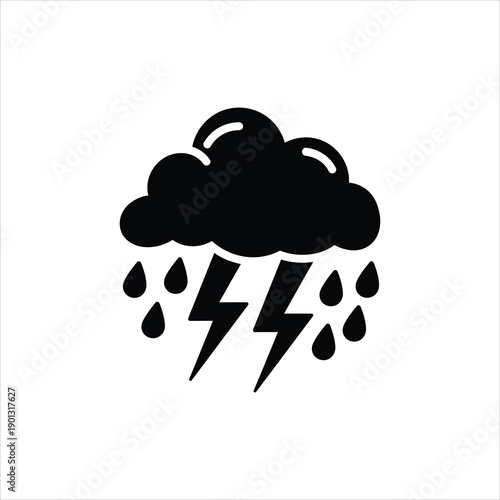 Black silhouette of a storm cloud with lightning and raindrops