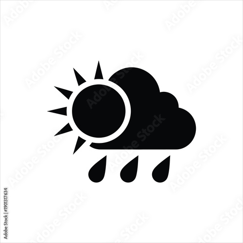 A simple black icon depicting a partly cloudy day with raindrops falling