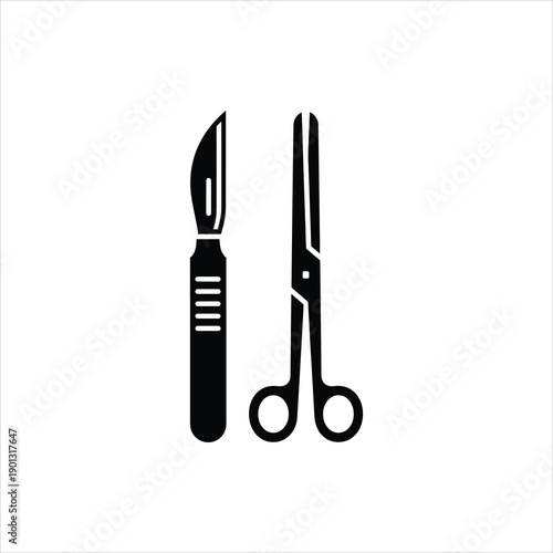 Surgical instruments a scalpel and a pair of scissors depicted in a black icon
