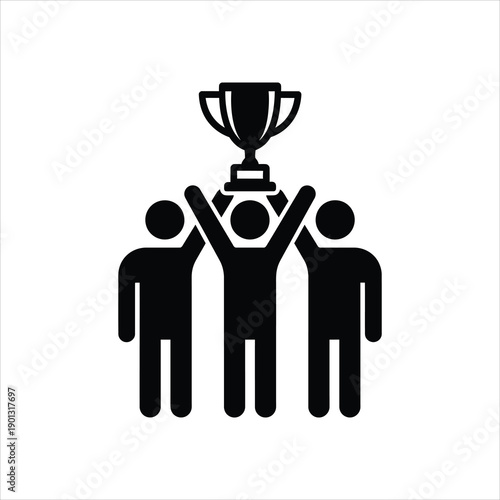 Celebrating victory a simple black icon of people with a trophy