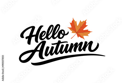Hello Autumn logo with vibrant orange maple leaf, Perfect for autumn branding, seasonal apparel, and festive marketing campaigns.