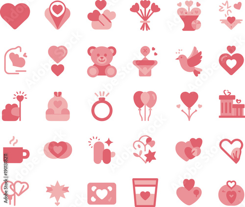 Romantic love icons collection, pink red symbols, Valentine’s Day vector set, hearts teddy bear flowers dove balloons ring gift, cute cartoon illustration