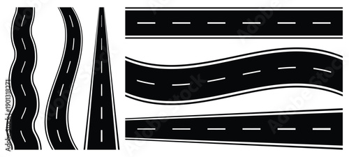 Vector illustration of a road. City road road seamless element set. Road parts pieces builder straight, curved, crossing, roundabout.