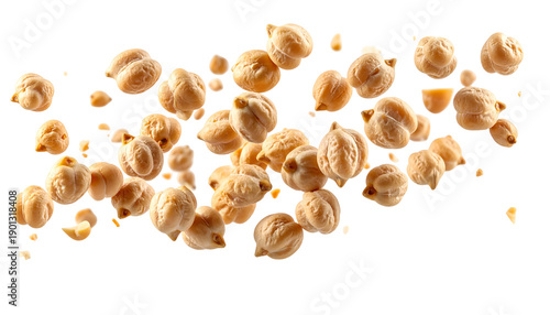 A floating cloud of beige chickpeas against a black background