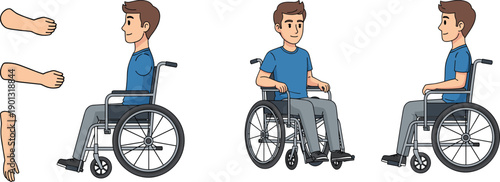 Man with Disability in Wheelchair Character Constructor for Animation Disabled Male Multi View Front and Side, Body Parts, Poses Set Vector Illustration