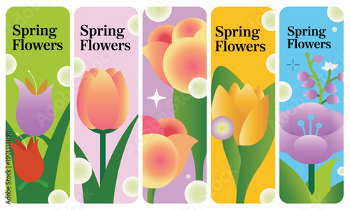 Trendy vertical spring flower banners with abstract gradient tulips and vibrant colors, ideal for social media stories and modern digital design.