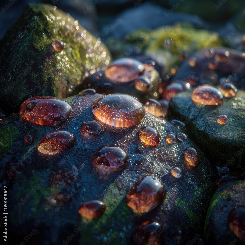 Fototapeta premium Close up of wet stones featuring water droplets with vibrant orange highlights