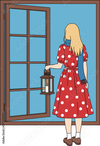 Flat Vector Illustration of a Young Woman in a Red Polka Dot Dress and Blue Scarf Holding a Lantern While Looking Through a Window