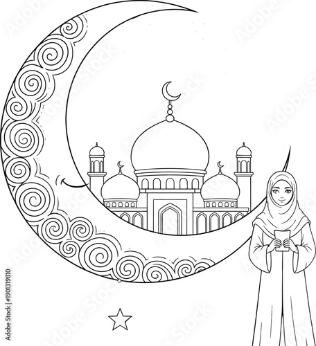 Line Art Illustration of a Muslim Woman in Hijab Next to a Large Decorative Crescent Moon and Mosque for Ramadan Kareem Holiday Coloring Page
