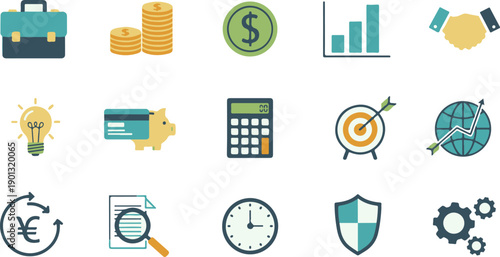 Business and Finance Icons Set Financial Growth, Investment, Currency Exchange, and Security Icons