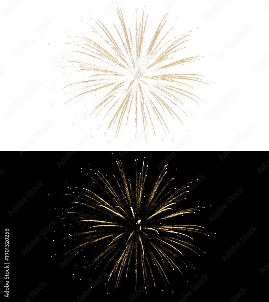 Obraz premium Golden Firework Explosion with Sparkling Trails and Radiant Particles on Black Background