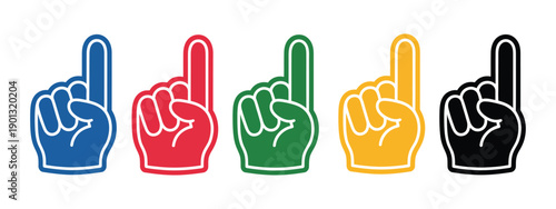 Colorful foam fingers illustration, number one gesture hands in flat vector style, sports fan support concept, stadium cheering accessories, team spirit symbols, bright playful design isolated.