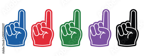 Colorful foam finger icons collection, number one hand gesture graphics, sports crowd celebration elements, fan support and victory symbols, modern flat design, clean vector illustration set.
