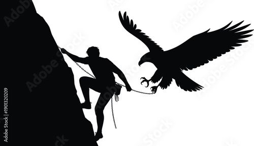Silhouette of rock climber on cliff with eagle attacking rope, symbolizing adventure, danger, and human versus nature conflict