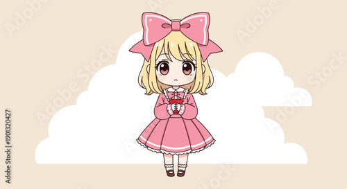Chibi anime character, blonde hair, pink bow, cute mascot, cheerful pose, children’s illustration, playful design, flat vector artwork
