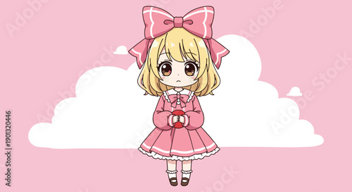 Chibi anime character, blonde hair, pink outfit, cute mascot, whimsical pastel design, children’s illustration, playful vector artwork