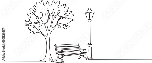 Bench in park near tree and lantern. Continuous One line minimalism style drawing. one line Art icon drawing vector