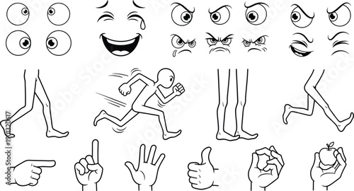 Black and White Cartoon Character Animation Kit Featuring Hand Drawn Outlines of Body Parts Gestures Leg Movements and Expressive Eyes for Coloring