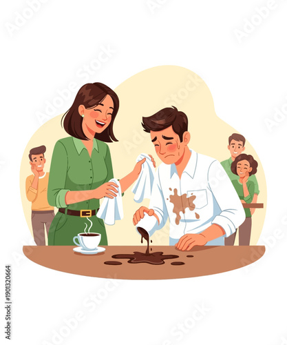 Gracious woman kindly assists embarrassed man after he accidentally spills dark coffee drink all over his white shirt in public setting