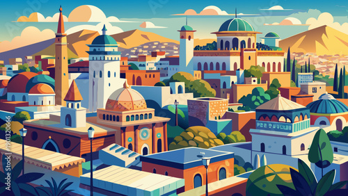 Very beautiful general view of an Algerian city, capturing everyday urban life, architectural diversity, and the balanced rhythm between modern development and cultural heritage.