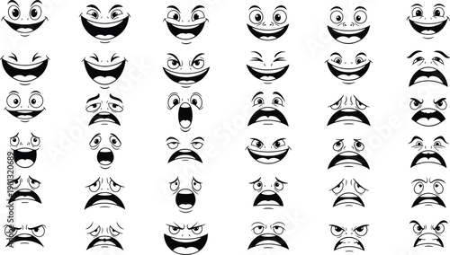 Black and White Cartoon Facial Expression Set Featuring Hand Drawn Outlines of Mouth and Eye Combinations for Happy Sad and Angry Mascot Emotions