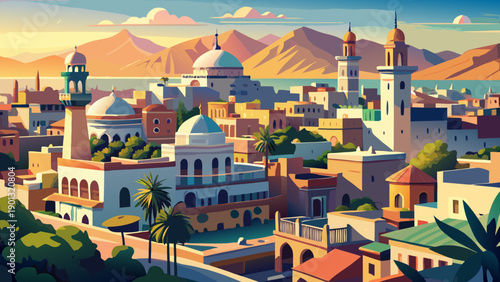 Very beautiful general view of an Algerian city, capturing everyday urban life, architectural diversity, and the balanced rhythm between modern development and cultural heritage.