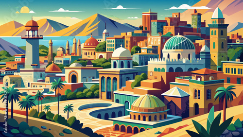 Very beautiful general view of an Algerian city, capturing everyday urban life, architectural diversity, and the balanced rhythm between modern development and cultural heritage.